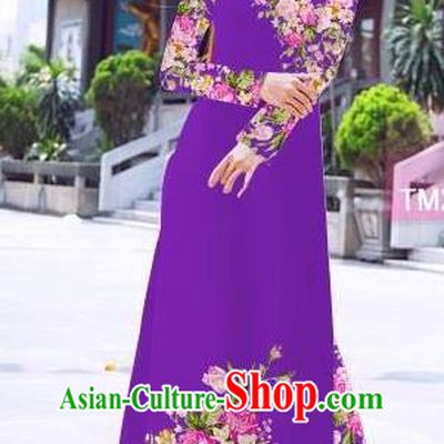 Traditional Top Grade Asian Vietnamese Ha Festival Printing Flowers Purple Ao Dai Dress, Vietnam Women National Jing Nationality Princess Cheongsam Bride Costumes