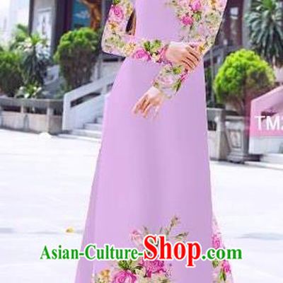Traditional Top Grade Asian Vietnamese Ha Festival Printing Flowers Lilac Ao Dai Dress, Vietnam Women National Jing Nationality Princess Cheongsam Bride Costumes