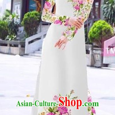 Traditional Top Grade Asian Vietnamese Ha Festival Printing Flowers White Ao Dai Dress, Vietnam Women National Jing Nationality Princess Cheongsam Bride Costumes