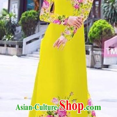 Traditional Top Grade Asian Vietnamese Ha Festival Printing Flowers Yellow Ao Dai Dress, Vietnam Women National Jing Nationality Princess Cheongsam Bride Costumes