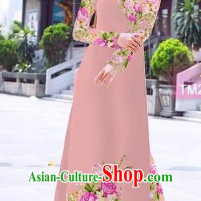 Traditional Top Grade Asian Vietnamese Ha Festival Printing Flowers Pink Ao Dai Dress, Vietnam Women National Jing Nationality Princess Cheongsam Bride Costumes