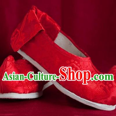 Traditional Chinese Peking Opera Shoes, China Ancient Bride Handmade Red Shoes, Chinese Tang Dynasty Princess Embroidered Cloth Shoes for Women