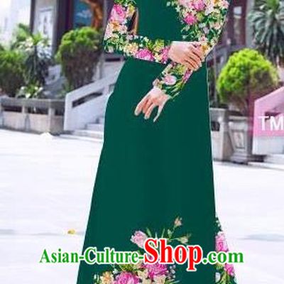 Traditional Top Grade Asian Vietnamese Ha Festival Printing Flowers Deep Green Ao Dai Dress, Vietnam Women National Jing Nationality Princess Cheongsam Bride Costumes