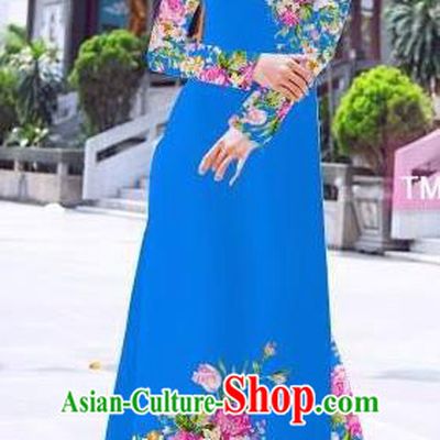 Traditional Top Grade Asian Vietnamese Ha Festival Printing Flowers Blue Ao Dai Dress, Vietnam Women National Jing Nationality Princess Cheongsam Bride Costumes