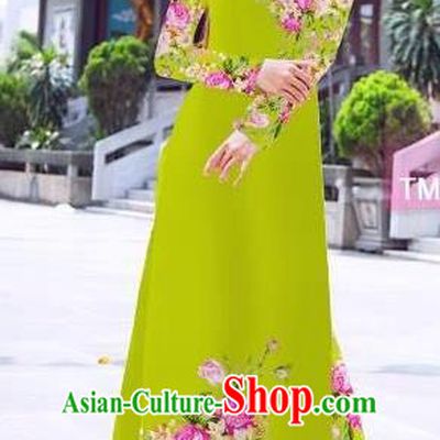 Traditional Top Grade Asian Vietnamese Ha Festival Printing Flowers Green Ao Dai Dress, Vietnam Women National Jing Nationality Princess Cheongsam Bride Costumes