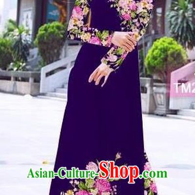Traditional Top Grade Asian Vietnamese Ha Festival Printing Flowers Deep Purple Ao Dai Dress, Vietnam Women National Jing Nationality Princess Cheongsam Bride Costumes