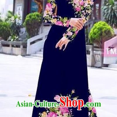 Traditional Top Grade Asian Vietnamese Ha Festival Printing Flowers Royalblue Ao Dai Dress, Vietnam Women National Jing Nationality Princess Cheongsam Bride Costumes
