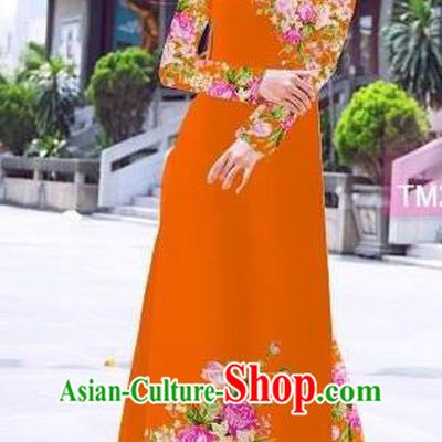Traditional Top Grade Asian Vietnamese Ha Festival Printing Flowers Orange Ao Dai Dress, Vietnam Women National Jing Nationality Princess Cheongsam Bride Costumes