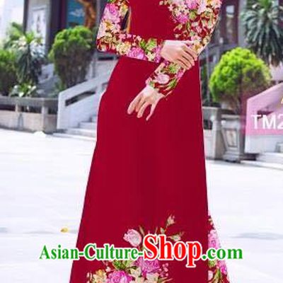 Traditional Top Grade Asian Vietnamese Ha Festival Printing Flowers Wine Red Ao Dai Dress, Vietnam Women National Jing Nationality Princess Cheongsam Bride Costumes