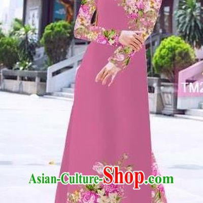 Traditional Top Grade Asian Vietnamese Ha Festival Printing Flowers Pinkish Purple Ao Dai Dress, Vietnam Women National Jing Nationality Princess Cheongsam Bride Costumes