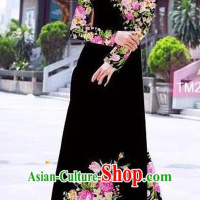 Traditional Top Grade Asian Vietnamese Ha Festival Printing Flowers Black Ao Dai Dress, Vietnam Women National Jing Nationality Princess Cheongsam Bride Costumes