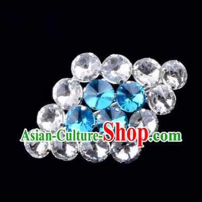 Chinese Ancient Peking Opera Jewelery Accessories, Traditional Chinese Beijing Opera Props Rhombus Brooch Ornaments Hua Tan Blue Rhinestone Breastpin