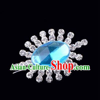 Chinese Ancient Peking Opera Jewelery Accessories, Traditional Chinese Beijing Opera Props Round Brooch Ornaments Hua Tan Blue Rhinestone Breastpin