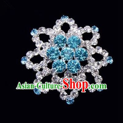 Chinese Ancient Peking Opera Jewelery Accessories, Traditional Chinese Beijing Opera Props Octagon Brooch Ornaments Hua Tan Blue Rhinestone Breastpin
