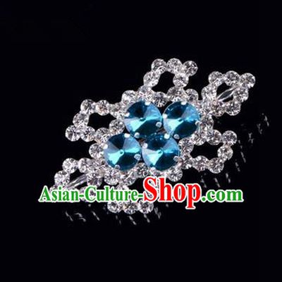 Chinese Ancient Peking Opera Jewelery Accessories, Traditional Chinese Beijing Opera Props Hexagonal Brooch Ornaments Hua Tan Blue Rhinestone Breastpin