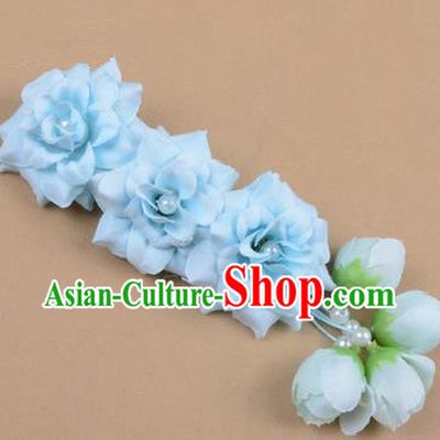 Chinese Ancient Peking Opera Blue Flowers Hair Accessories, Traditional Chinese Beijing Opera Props Head Ornaments Hua Tan Flocking Headwear Hairpins