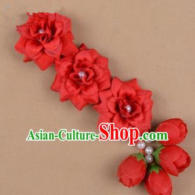 Chinese Ancient Peking Opera Red Flowers Hair Accessories, Traditional Chinese Beijing Opera Props Head Ornaments Hua Tan Flocking Headwear Hairpins