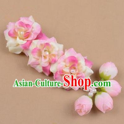 Chinese Ancient Peking Opera Pink Flowers Hair Accessories, Traditional Chinese Beijing Opera Props Head Ornaments Hua Tan Flocking Headwear Hairpins