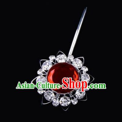 Chinese Ancient Peking Opera Pink Flowers Hair Accessories Headwear, Traditional Chinese Beijing Opera Props Head Ornaments Hua Tan Red Crystal Bulb Hairpins