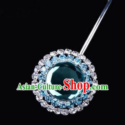 Chinese Ancient Peking Opera Pink Flowers Hair Accessories Headwear, Traditional Chinese Beijing Opera Head Ornaments Hua Tan Blue Crystal Bulb Hairpins