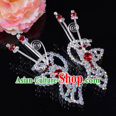 Chinese Ancient Peking Opera Hair Accessories Young Lady Headwear, Traditional Chinese Beijing Opera Head Ornaments Hua Tan Butterfly Red Crystal Hairpins