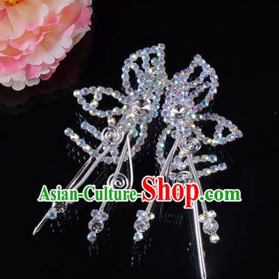 Chinese Ancient Peking Opera Hair Accessories Young Lady Headwear, Traditional Chinese Beijing Opera Head Ornaments Hua Tan Butterfly White Crystal Hairpins