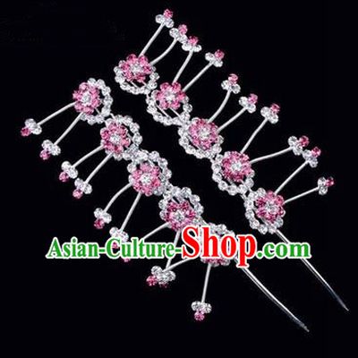 Chinese Ancient Peking Opera Hair Accessories Young Lady Headwear, Traditional Chinese Beijing Opera Head Ornaments Hua Tan Plum Blossom Pink Crystal Hairpins