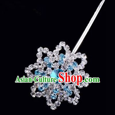 Chinese Ancient Peking Opera Pink Flowers Hair Accessories Headwear, Traditional Chinese Beijing Opera Head Ornaments Hua Tan Colorful Blue Octagon Crystal Bulb Hairpins