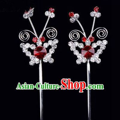 Chinese Ancient Peking Opera Pink Flowers Hair Accessories Headwear, Traditional Chinese Beijing Opera Head Ornaments Hua Tan Red Butterfly Crystal Hairpins