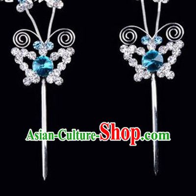 Chinese Ancient Peking Opera Pink Flowers Hair Accessories Headwear, Traditional Chinese Beijing Opera Head Ornaments Hua Tan Blue Butterfly Crystal Hairpins