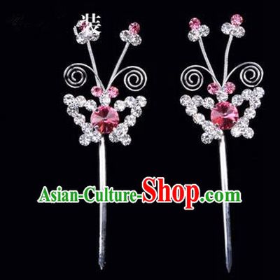 Chinese Ancient Peking Opera Pink Flowers Hair Accessories Headwear, Traditional Chinese Beijing Opera Head Ornaments Hua Tan Pink Butterfly Crystal Hairpins