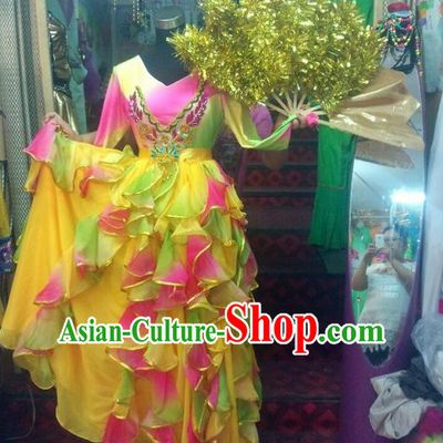 Top Grade Compere Professional Compere Costume, Ballroom Dance Dress Modern Opening Dance Fan Dance Big Swing Yellow Dress for Women