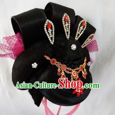 Traditional Chinese Peking Opera Lady Yang Wigs and Hair Accessories Complete Set, China Tang Dynasty Yang Guifei High-grade Headwear for Women