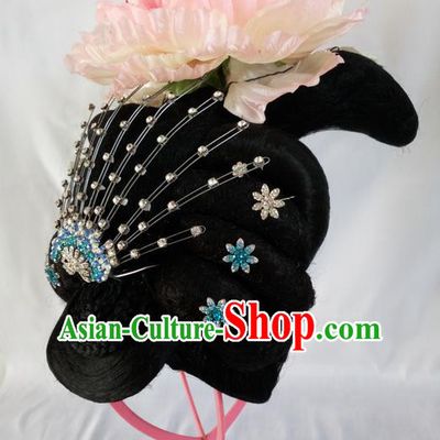 Traditional Chinese Peking Opera Imperial Concubine Wigs and Hair Accessories Complete Set, China Tang Dynasty Palace Lady High-grade Headwear for Women