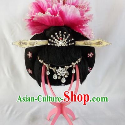 Traditional Chinese Peking Opera Imperial Concubine Headgear Wigs and Hair Accessories Complete Set, China Tang Dynasty Palace Lady High-grade Headwear for Women