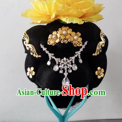 Traditional Chinese Peking Opera Flying Dance Headgear Wigs and Hair Accessories Complete Set, China Tang Dynasty Imperial Consort High-grade Headwear for Women