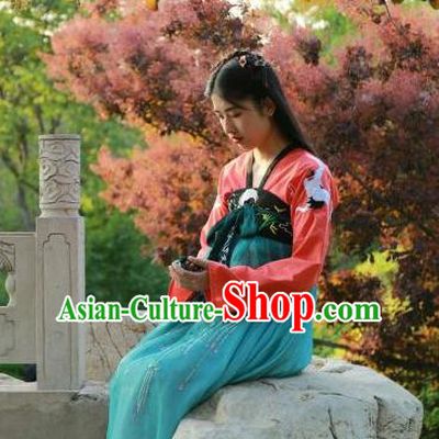 Traditional Chinese Ancient Tang Dynasty Female Costumes, China Hanfu Embroidered Blouse and Dress Complete Set Wearing for Women