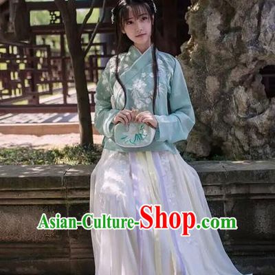 Traditional Chinese Ancient Ming Dynasty Female Costumes, China Hanfu Embroidered Slant Opening Blouse and Ru Skirt Complete Set for Women