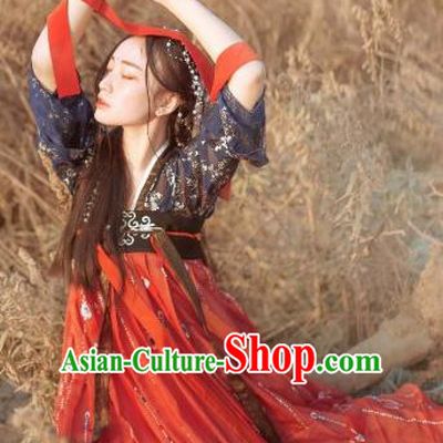 Traditional Chinese Ancient Tang Dynasty Princess Costumes, China Hanfu Embroidered Blouse and Ru Skirt Complete Set for Women