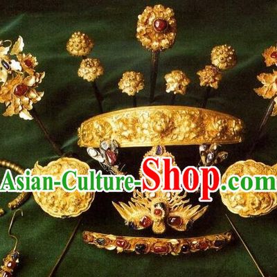 Traditional Chinese Ancient Classical Handmade Imperial Empress Hair Accessories Golden Headwear Hairpin Complete Set for Women
