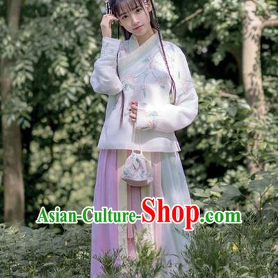 Traditional Chinese Ancient Ming Dynasty Young Lady Costumes, China Princess Hanfu Embroidered Slant Opening Blouse and Ru Skirt Complete Set for Women