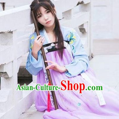 Traditional Chinese Ancient Tang Dynasty Young Lady Costumes, China Princess Hanfu Embroidered Blouse and Ru Skirt Complete Set for Women