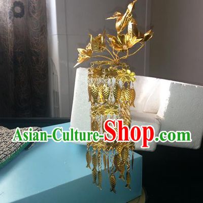Traditional Handmade Chinese Ancient Classical Manchu Princess Hair Accessories Bird Long Tassel Step Shake Barrettes Golden Hairpin Hair Fascinators for Women