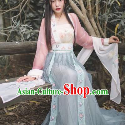 Traditional Chinese Ancient Tang Dynasty Young Lady Costumes, China Princess Hanfu Embroidered Suspenders Blouse and Ru Skirt Complete Set for Women