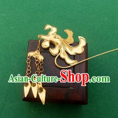 Traditional Chinese Ancient Classical Handmade Phoenix Head Tassel Golden Hairpin Jewelry Accessories Hanfu Classical Palace Combs and Sticks for Women