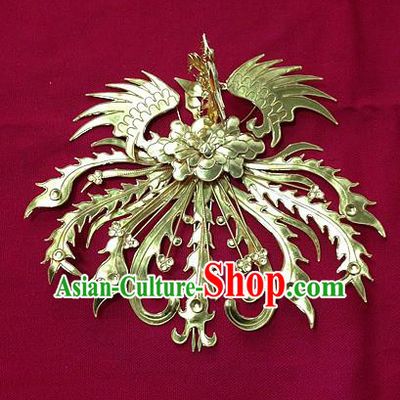 Traditional Chinese Ancient Classical Handmade Phoenix Forehead Ornament Golden Hairpin Hair Jewelry Accessories Hanfu Classical Palace Combs and Sticks for Women