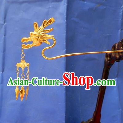 Traditional Chinese Ancient Classical Handmade Dragon Head Tassel Golden Hairpin Jewelry Accessories Hanfu Classical Palace Combs and Sticks for Women