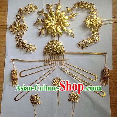Traditional Chinese Ancient Classical Handmade Tang Dynasty Imperial Consort Hairpin Phoenix Coronet Jewelry Accessories Hanfu Classical Bride Combs Hair Sticks Complete Set for Women