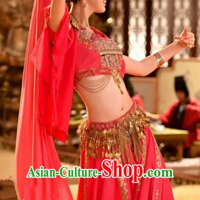 Chinese Ancient Tang Dynasty Palace Lady Dance Costume, Traditional Chinese Ancient Peri Flying Dance Dress Clothing and Headpiece Complete Set for Women