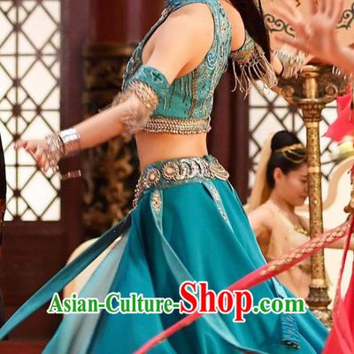 Chinese Ancient Tang Dynasty Palace Lady Belly Dance Costume and Headpiece Complete Set, Traditional Chinese Ancient Peri Flying Dance Dress Clothing for Women